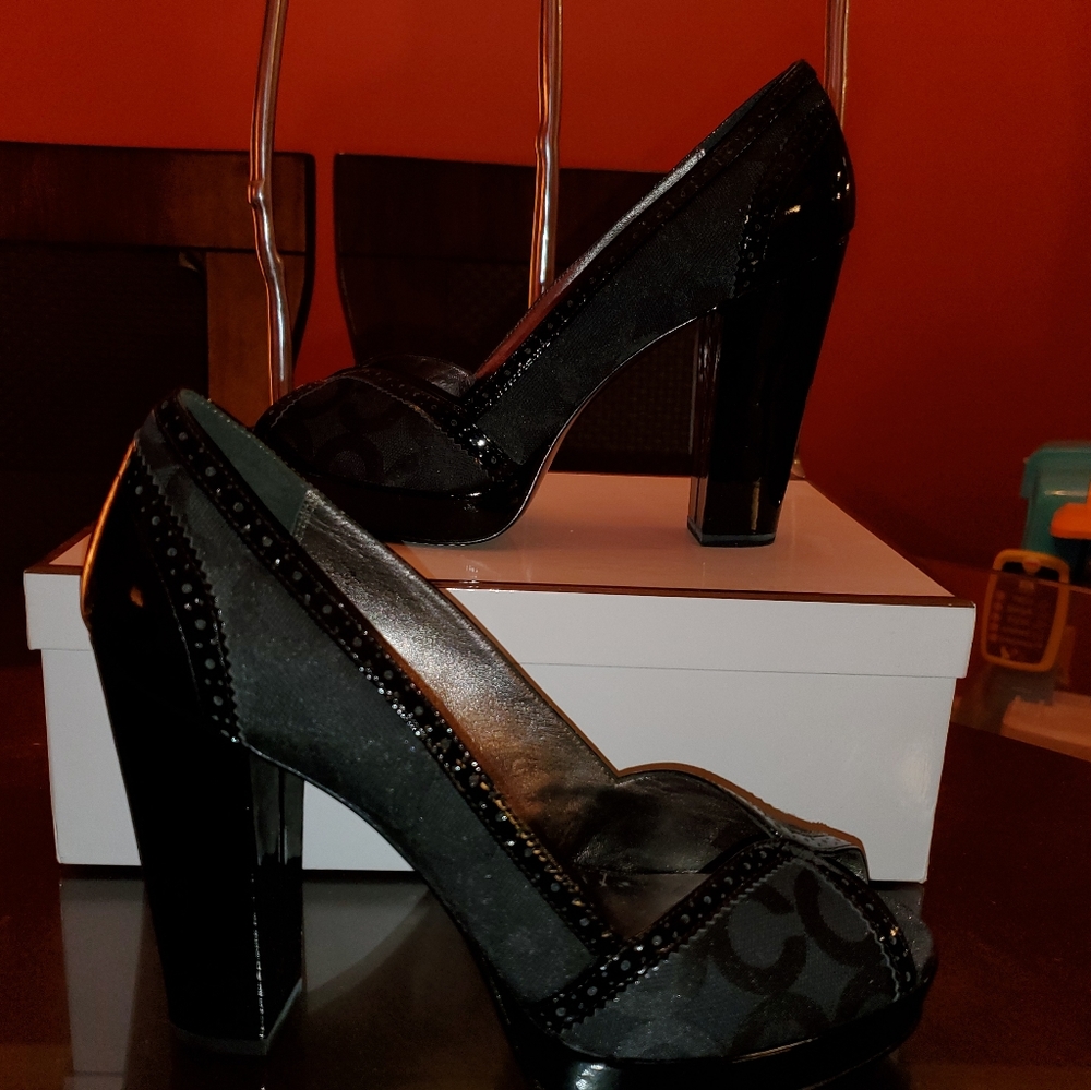 Coach chunky heel peep toe pump.